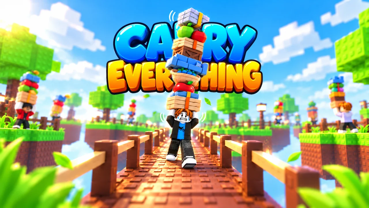 A Roblox character balancing a huge stack of items on their head while crossing a bridge between floating islands