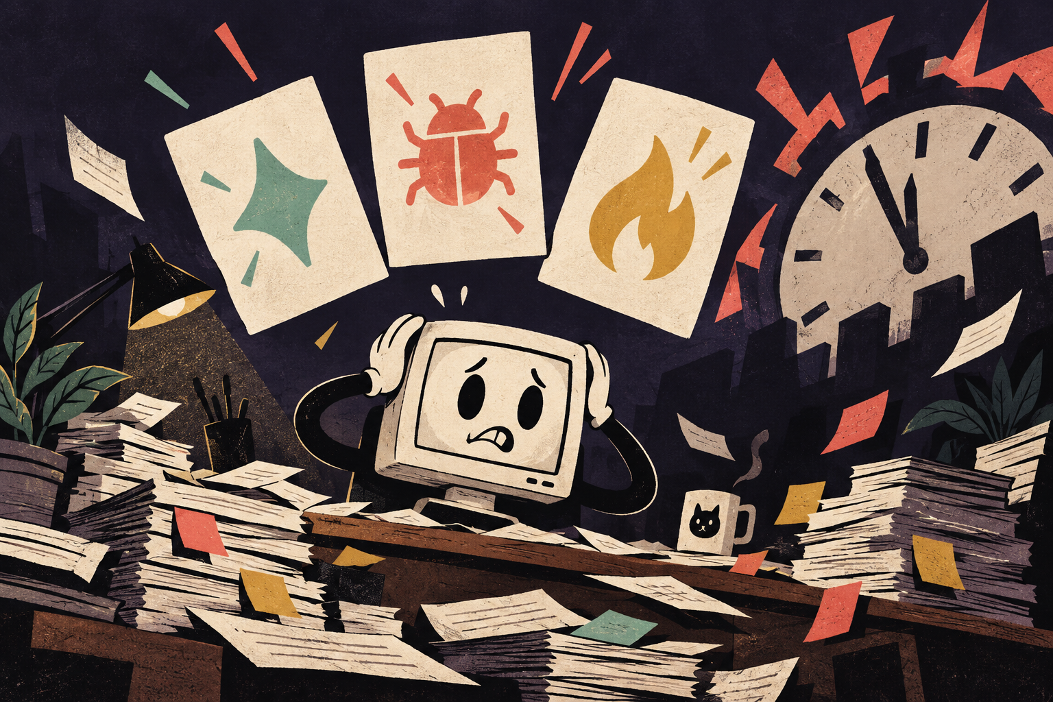 An overwhelmed monitor mascot at a paper-covered desk, with feature, bug and hotfix cards hovering below a looming deadline clock