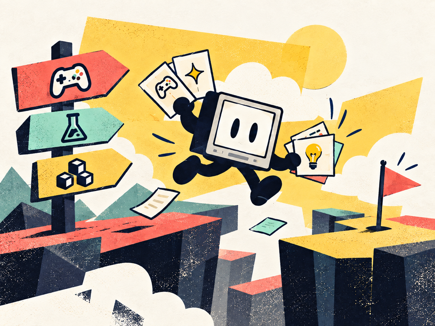 A small monitor mascot carrying loose ideas through a bright, playful studio landscape